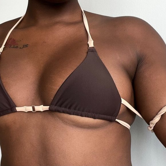 Coffee Strappy Bikini with Nude Ties SET - Picture 3 of 9